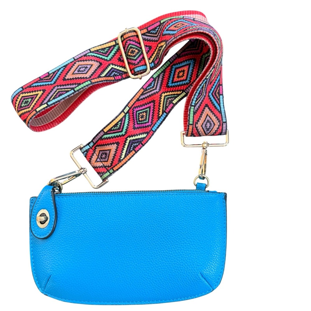 Joy Susan Blue Vegan Leather Zip Pouch Crossbody w‎ Woven Strap